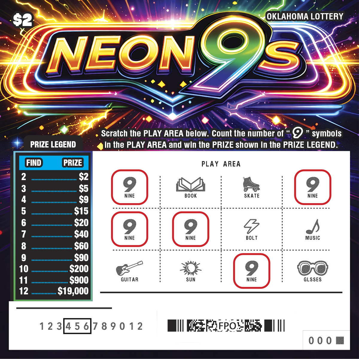 Neon 9S scratchcard - game number #864 - front-scratched