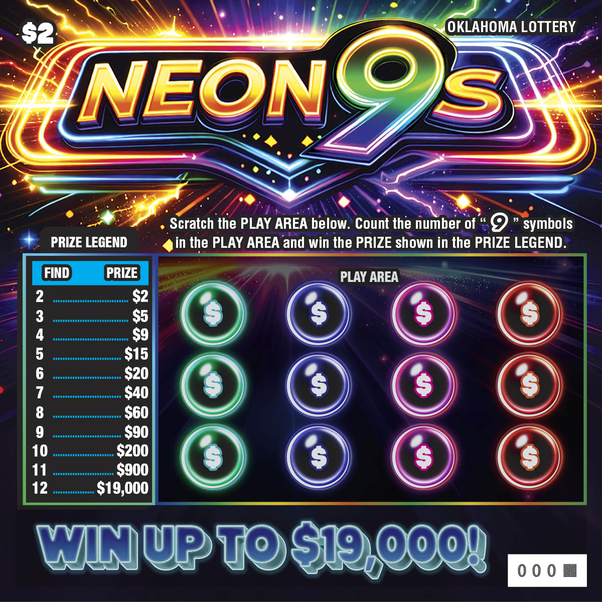 Neon 9S scratchcard - game number #864 - front