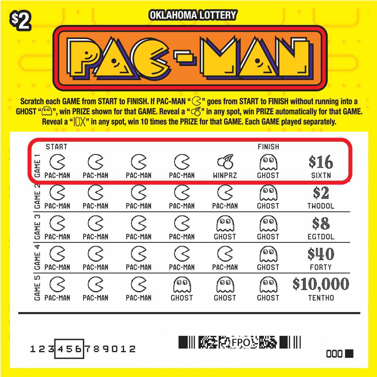 Pac-Man scratchcard - game number #828 - front-scratched