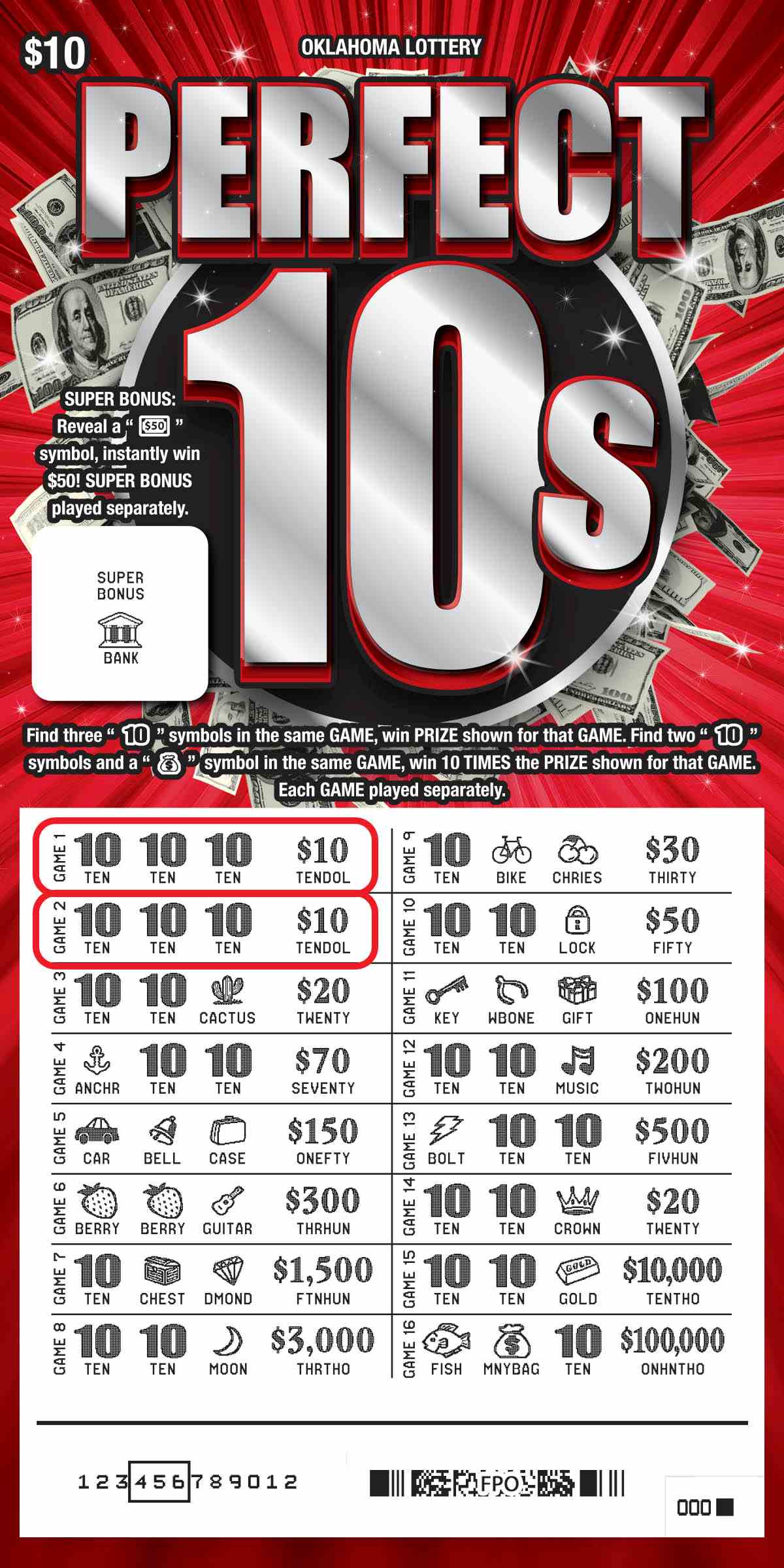 Perfect 10S scratchcard - game number #841 - front-scratched