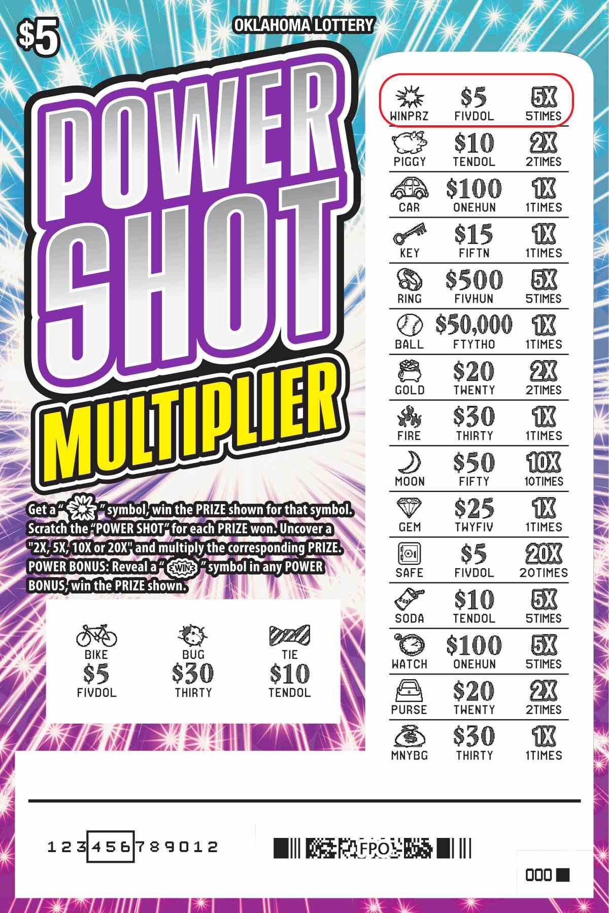 Power Shot Multiplier scratchcard - game number #745 - front-scratched