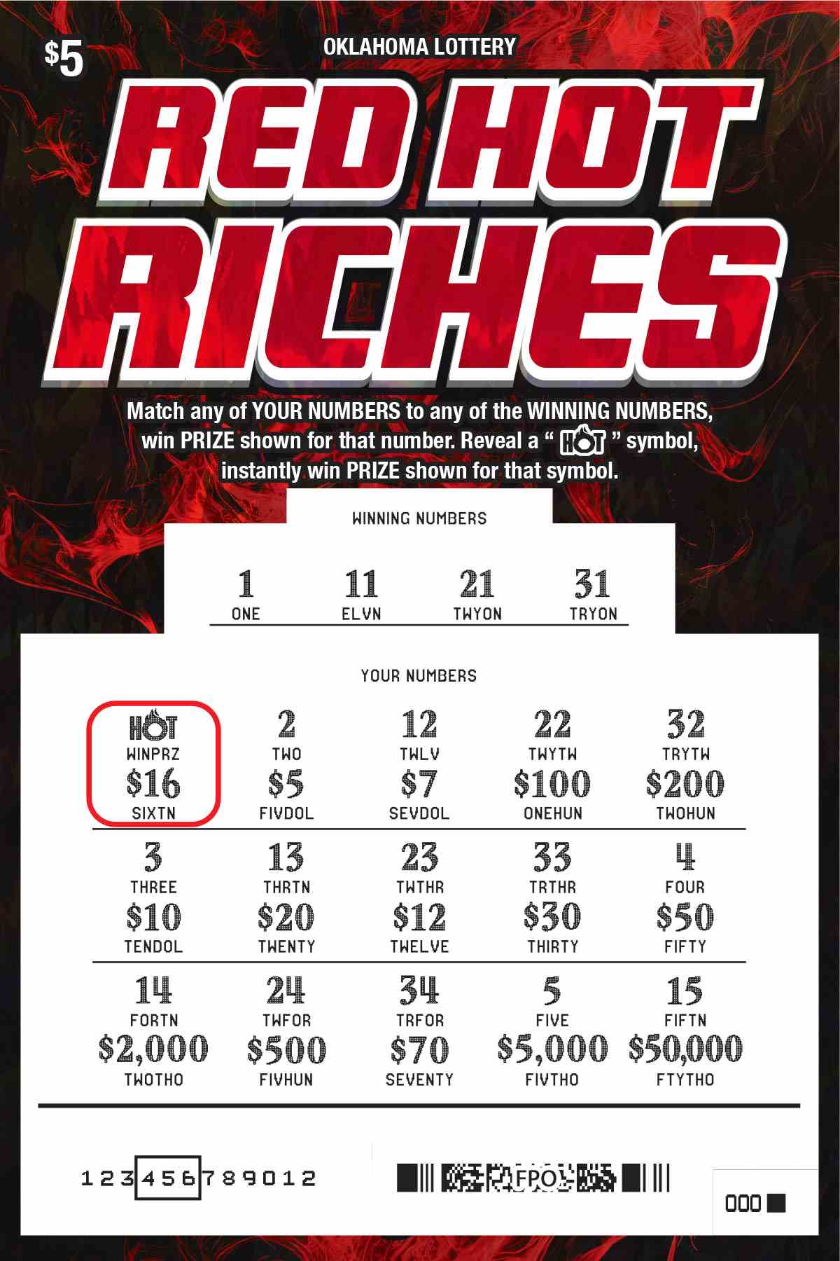 Red Hot Riches scratchcard - game number #804 - front-scratched