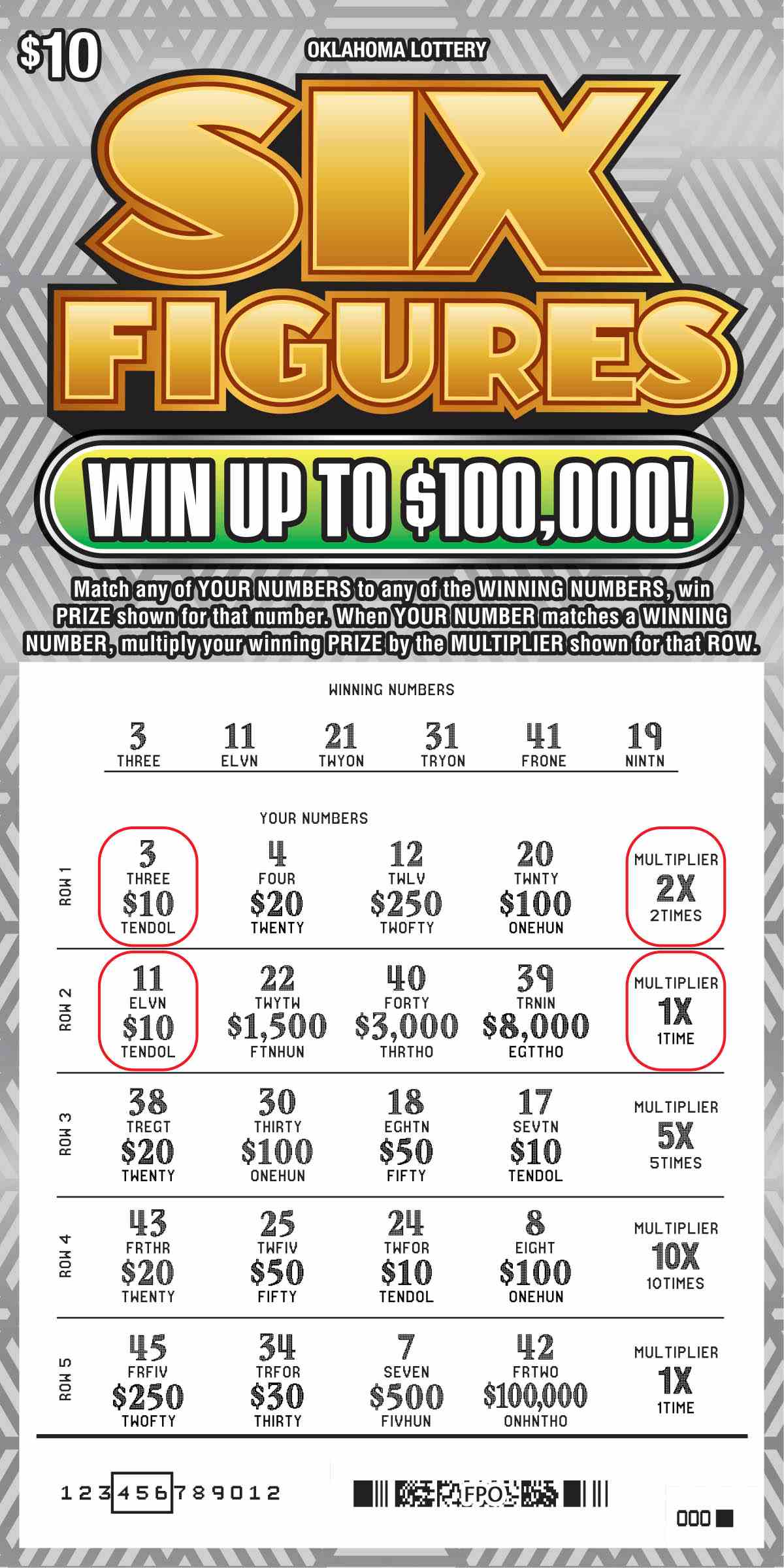 Six Figures scratchcard - game number #749 - front-scratched