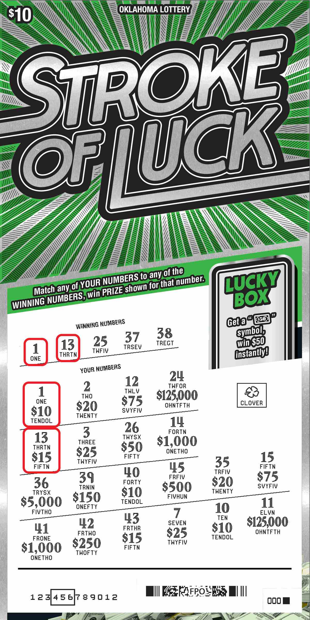 Stroke Of Luck scratchcard - game number #795 - front-scratched