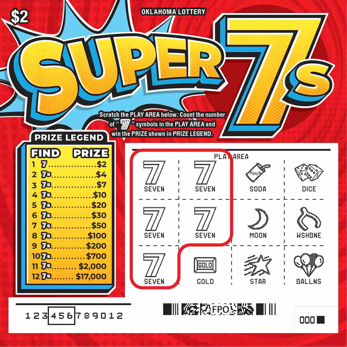 Super 7S scratchcard - game number #817 - front-scratched