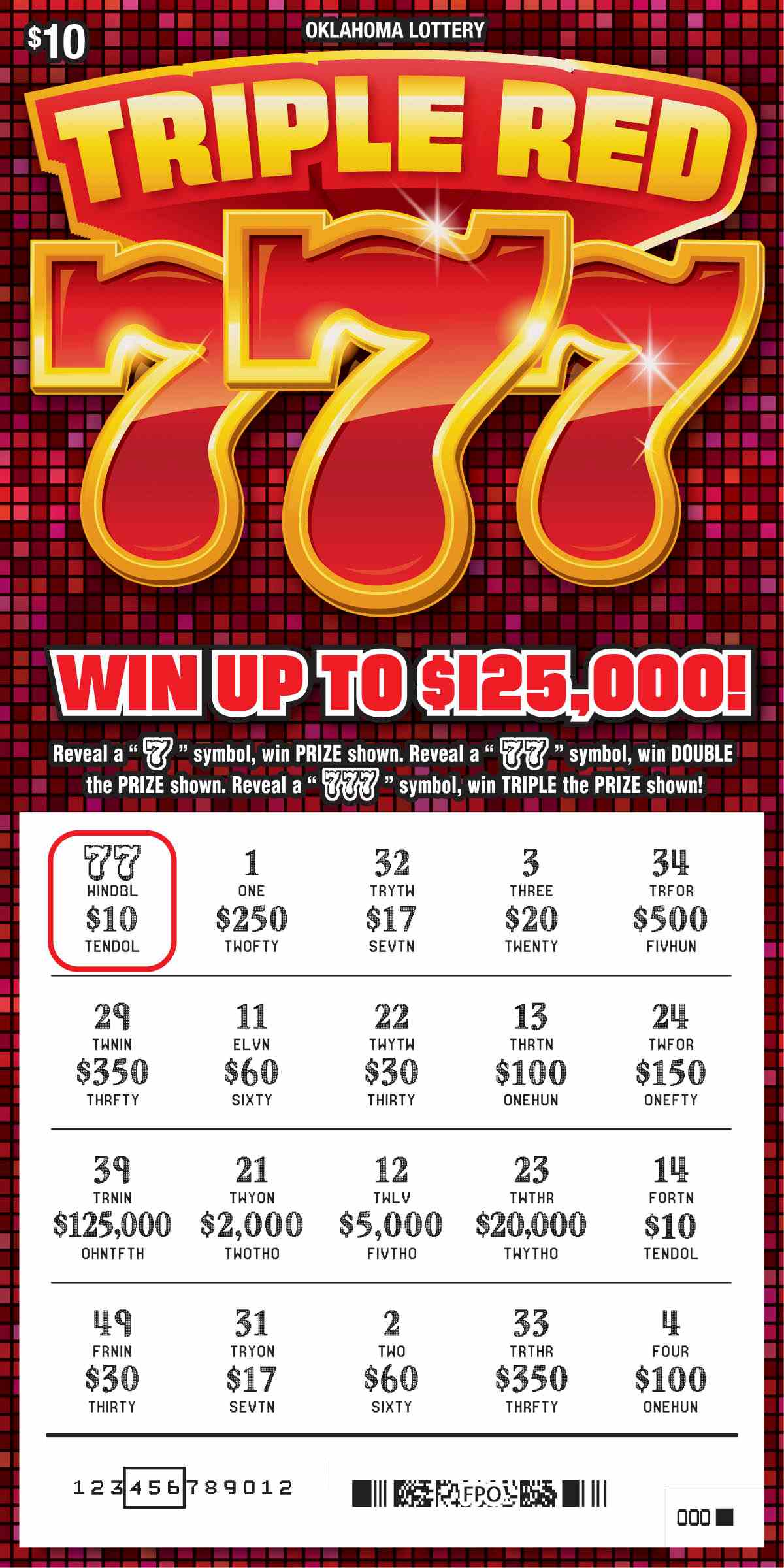 Triple Red 777 scratchcard - game number #801 - front-scratched