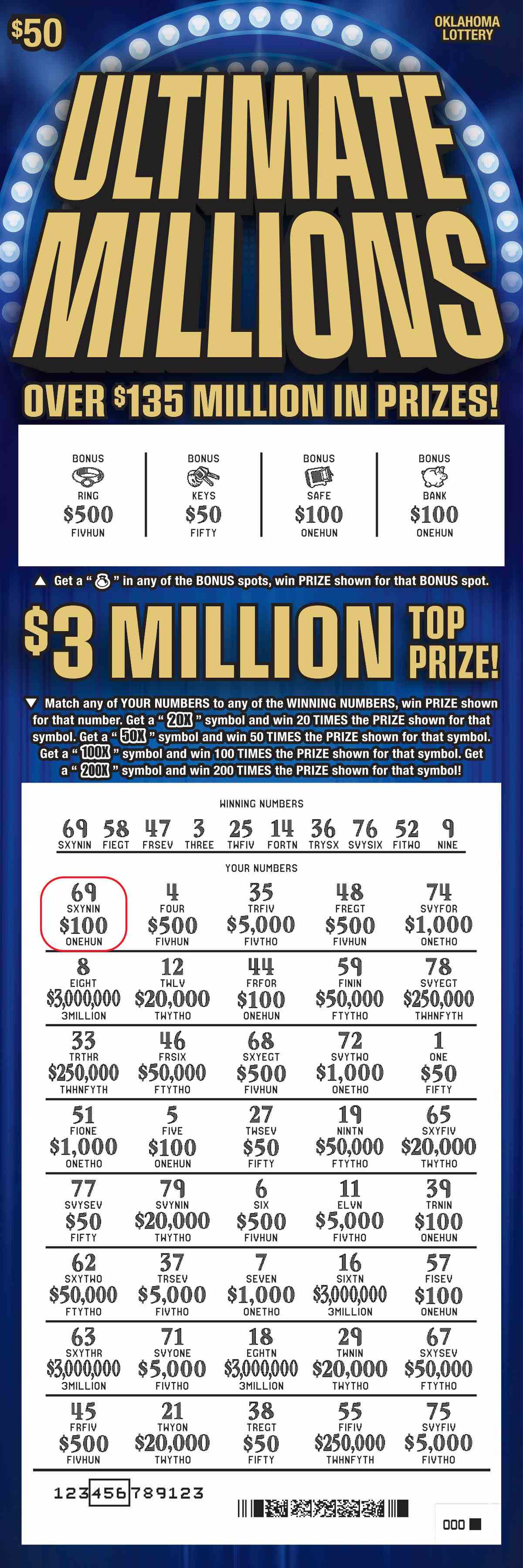 Ultimate Millions scratchcard - game number #637 - front-scratched