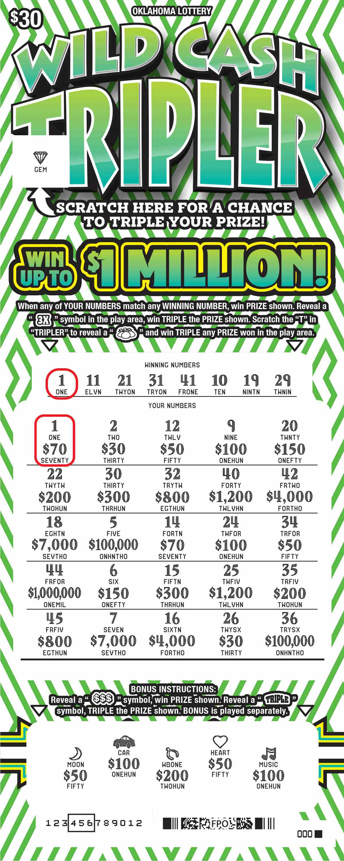 Wild Cash Tripler scratchcard - game number #752 - front-scratched