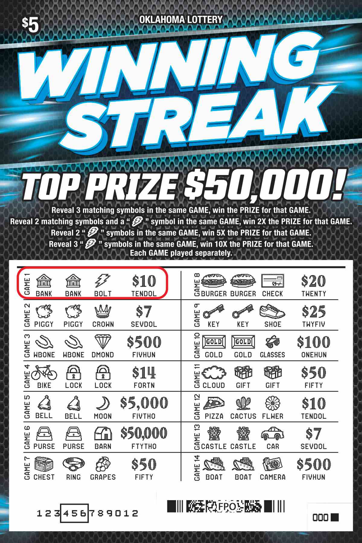 Winning Streak scratchcard - game number #773 - front-scratched