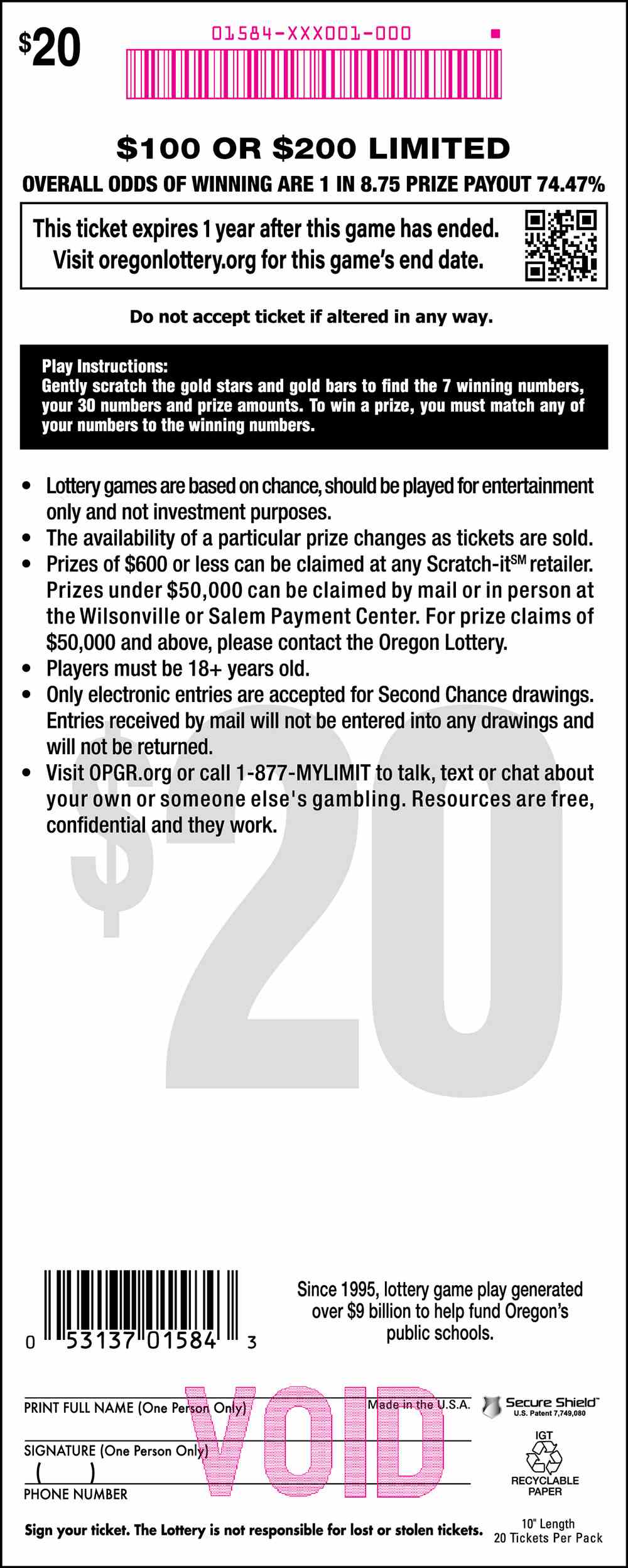 $100 Or $200 Limited scratchcard - game number #1584 - back