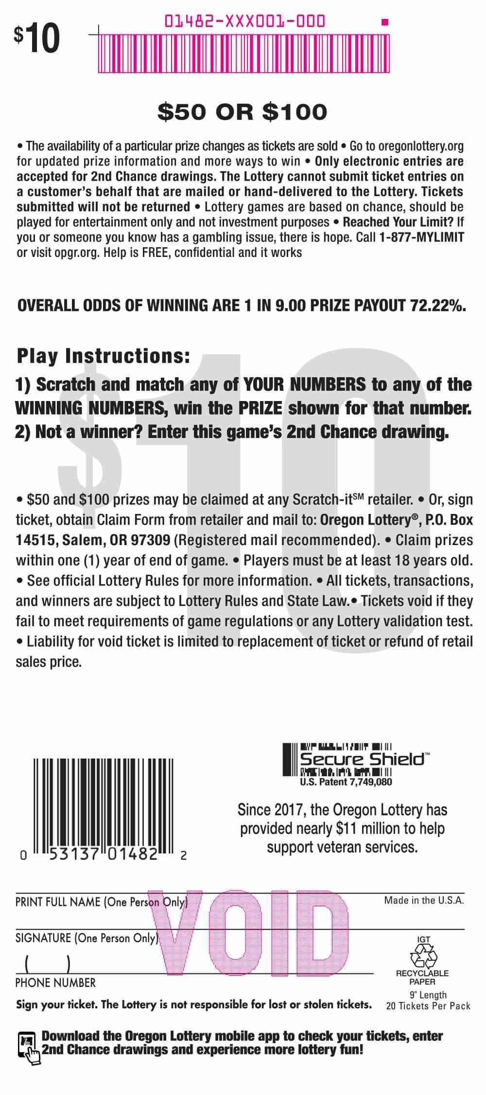 $50 or $100 scratchcard - game number #1482 - back