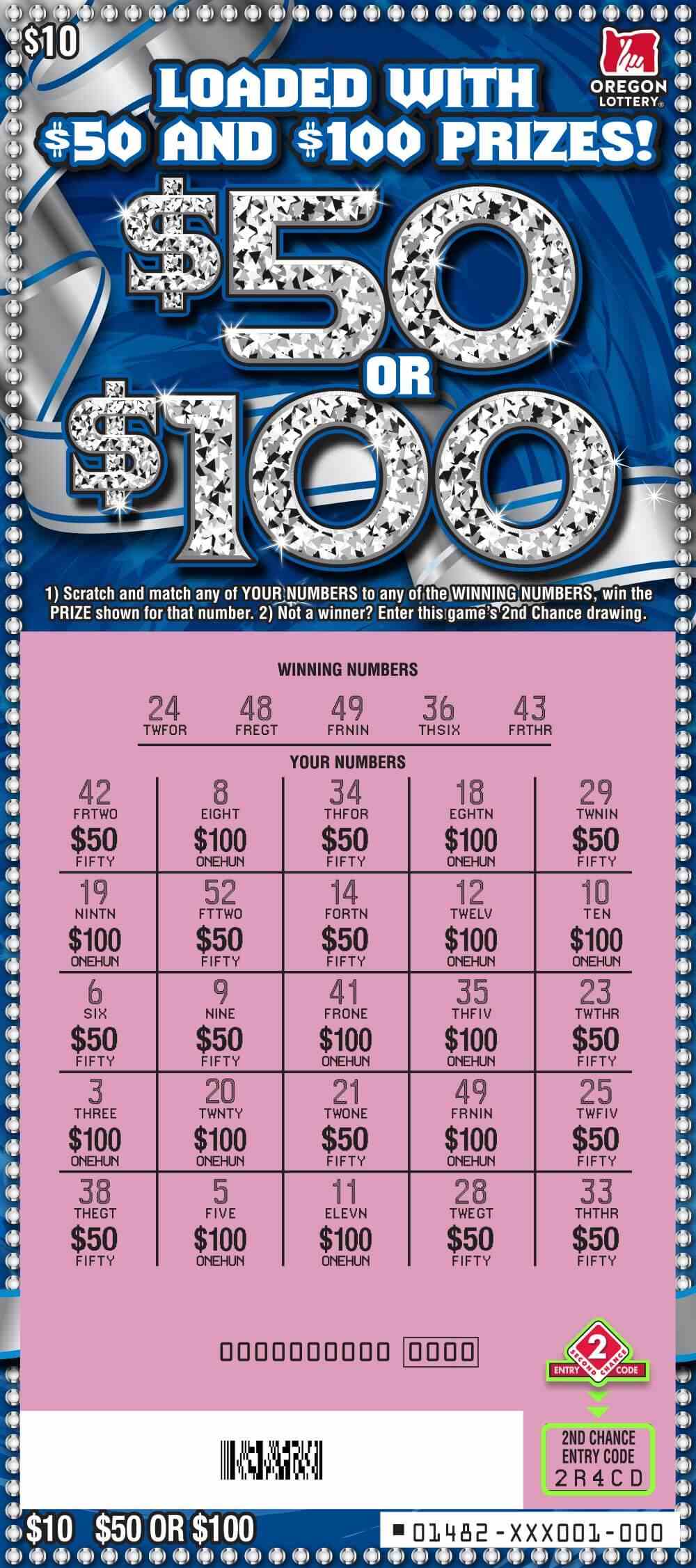 $50 or $100 scratchcard - game number #1482 - front-scratched