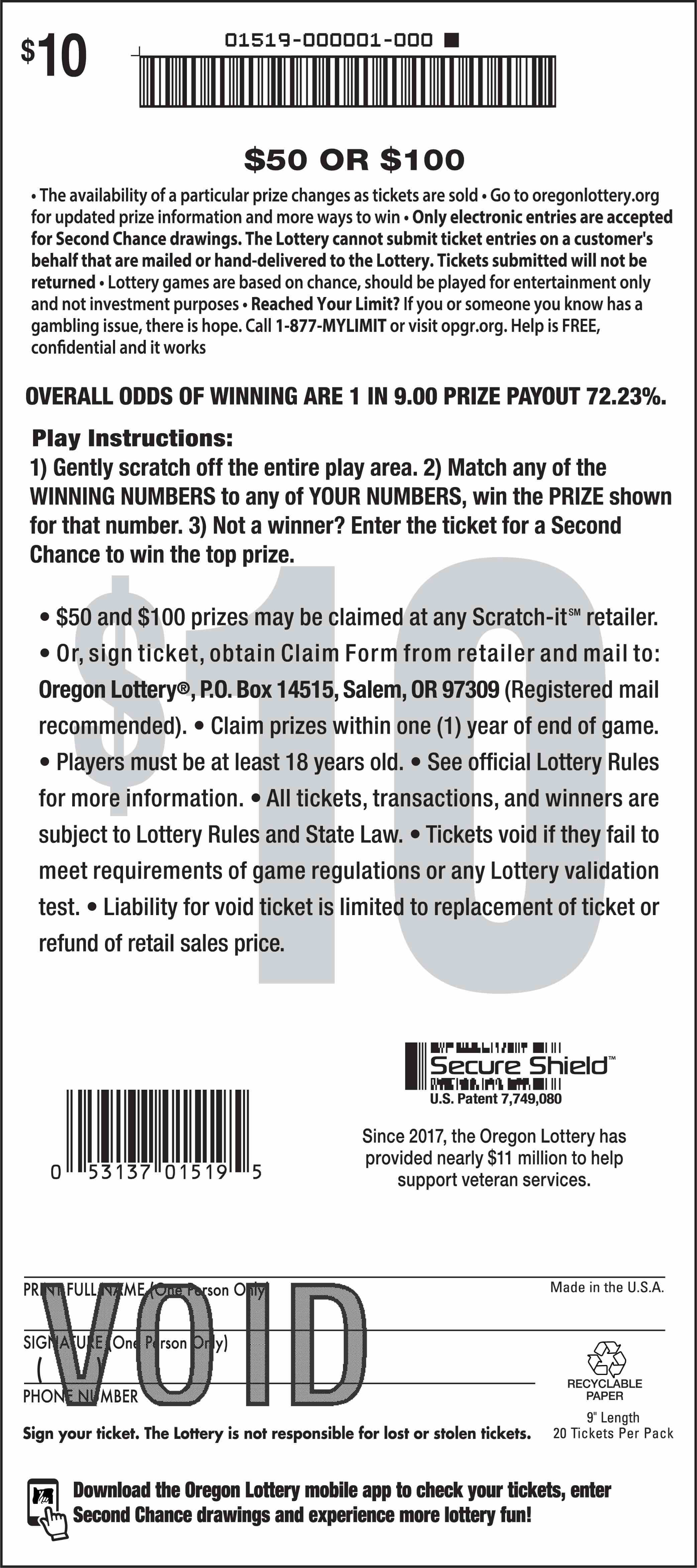 $50 Or $100 scratchcard - game number #1519 - back