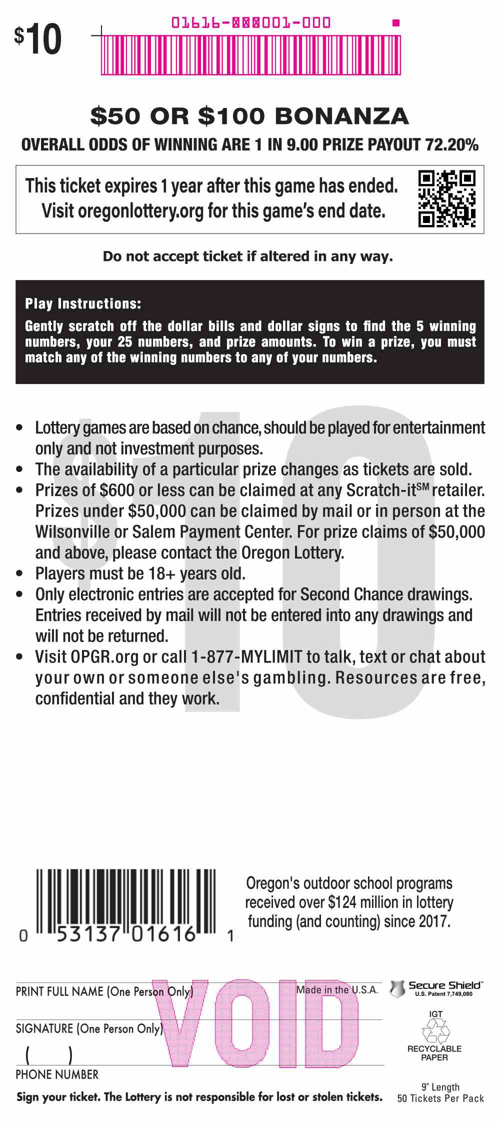 $50 Or $100 Bonanza scratchcard - game number #1616 - back