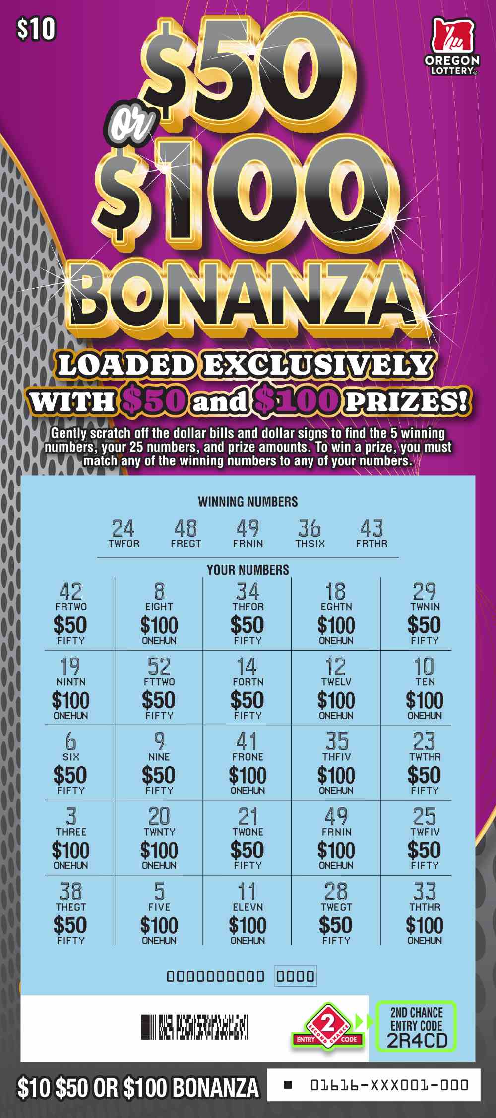 $50 Or $100 Bonanza scratchcard - game number #1616 - front-scratched