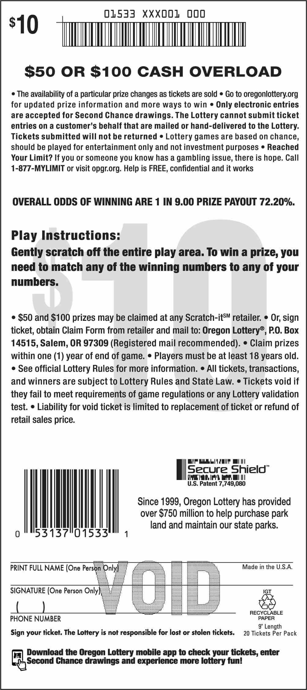 $50 Or $100 Cash Overload scratchcard - game number #1533 - back