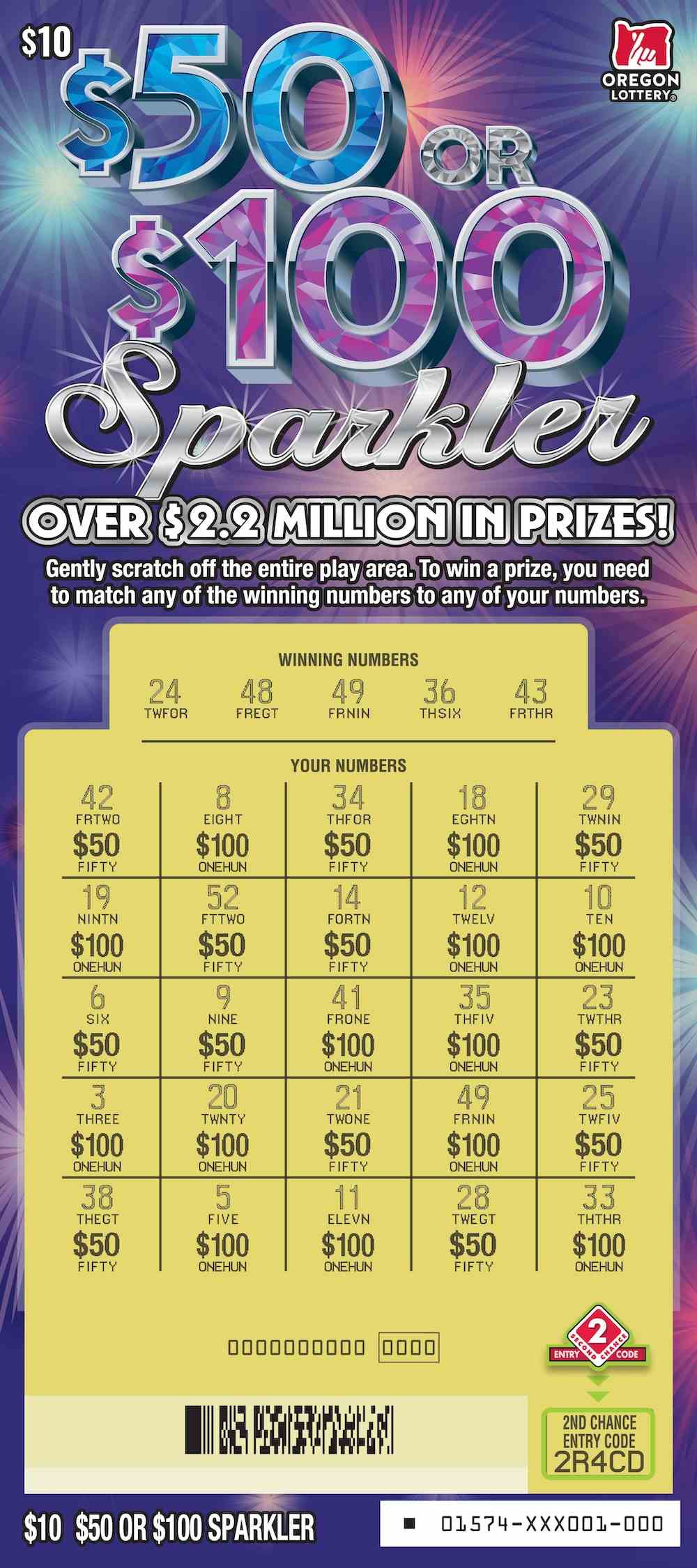 $50 Or $100 Sparkler scratchcard - game number #1574 - front-scratched