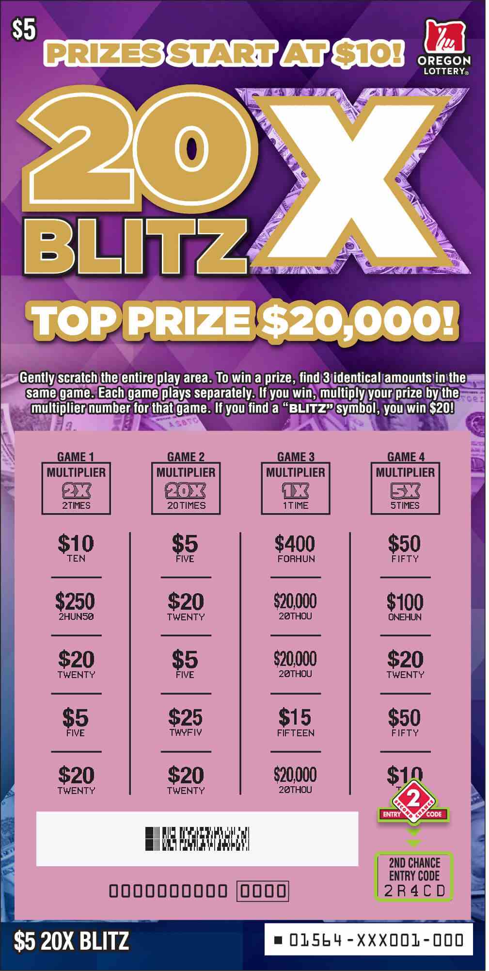 20X Blitz scratchcard - game number #1564 - front-scratched