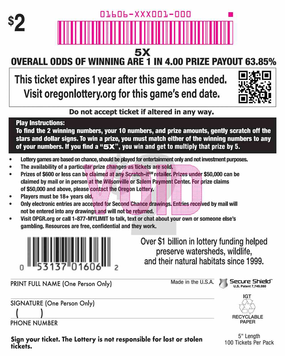 5X scratchcard - game number #1606 - back