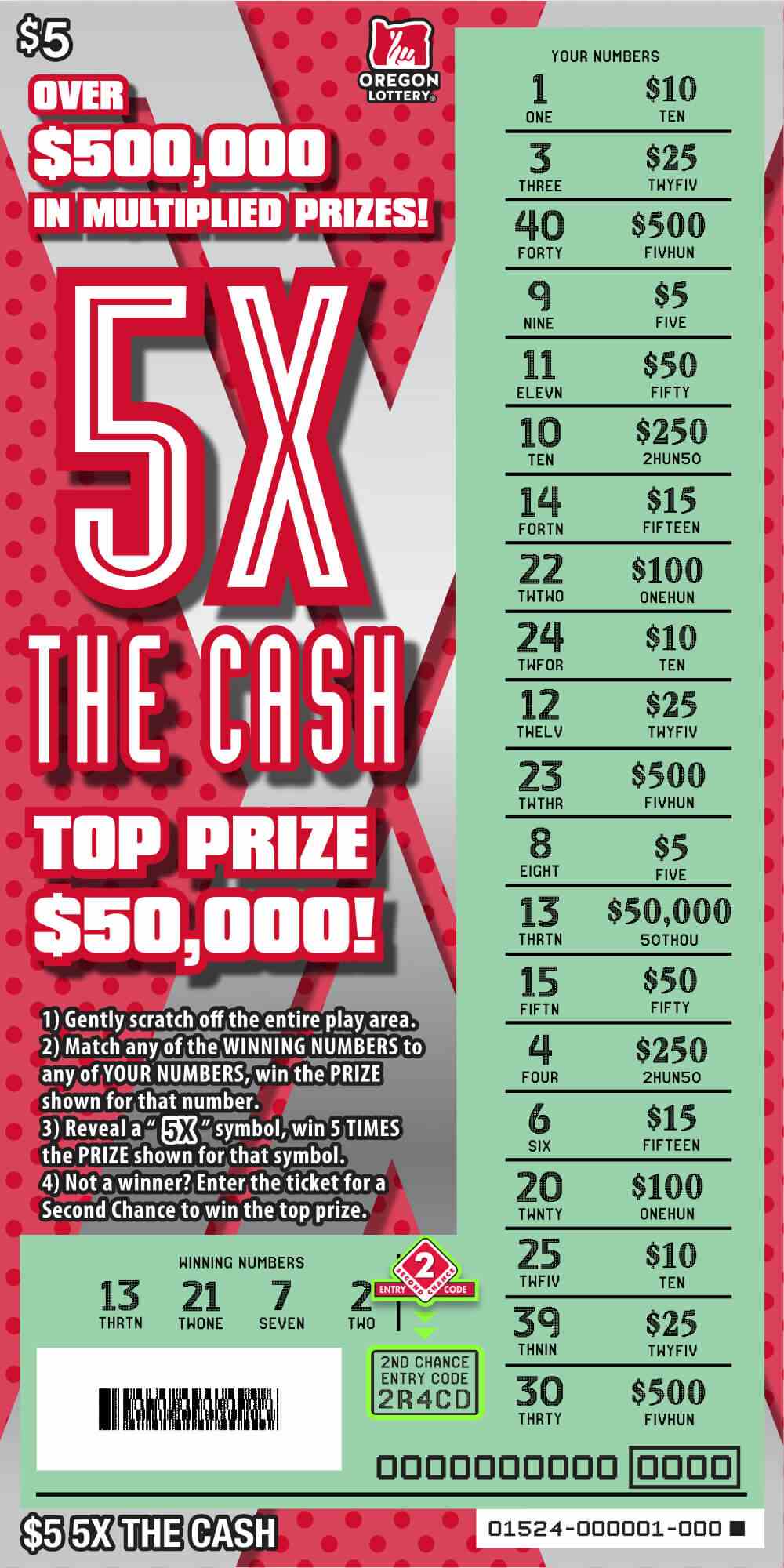 5X The Cash scratchcard - game number #1524 - front-scratched