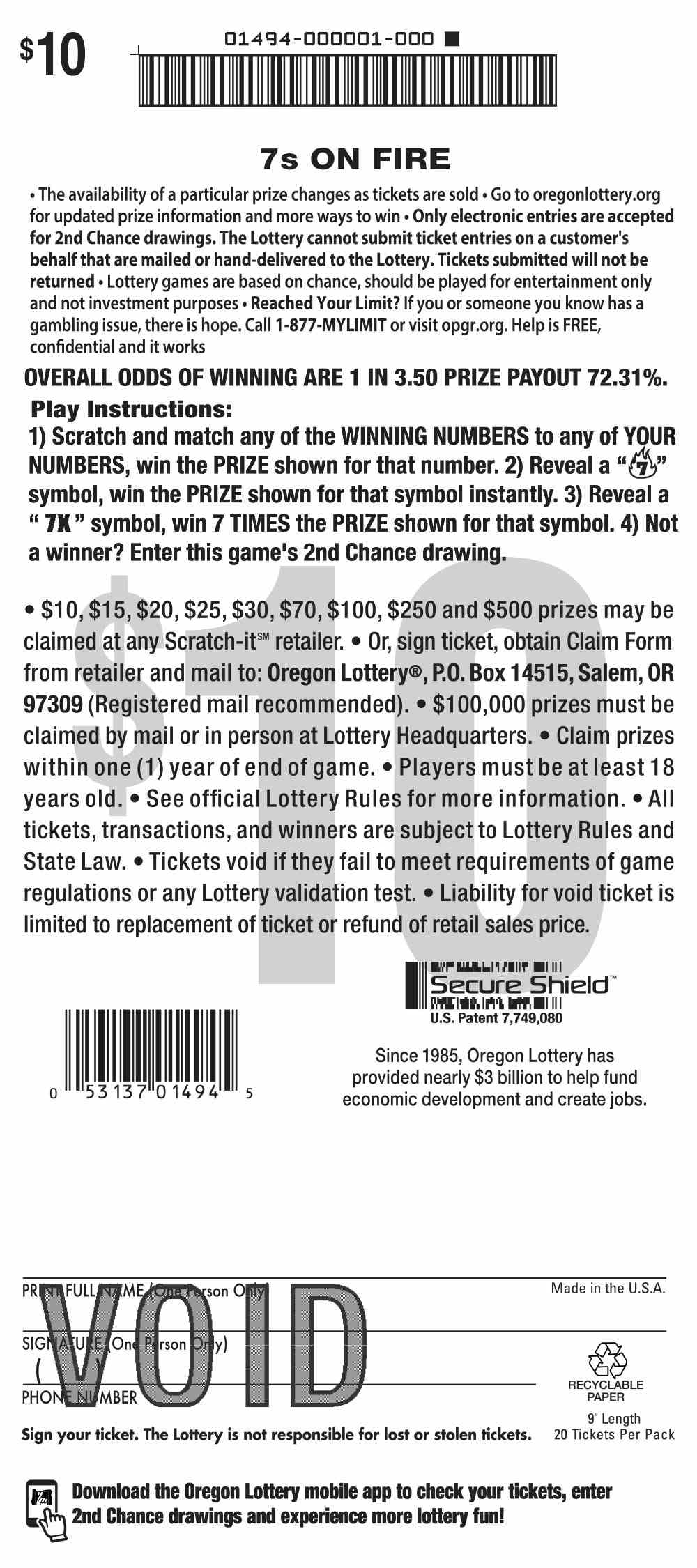 7s On FIre scratchcard - game number #1494 - back