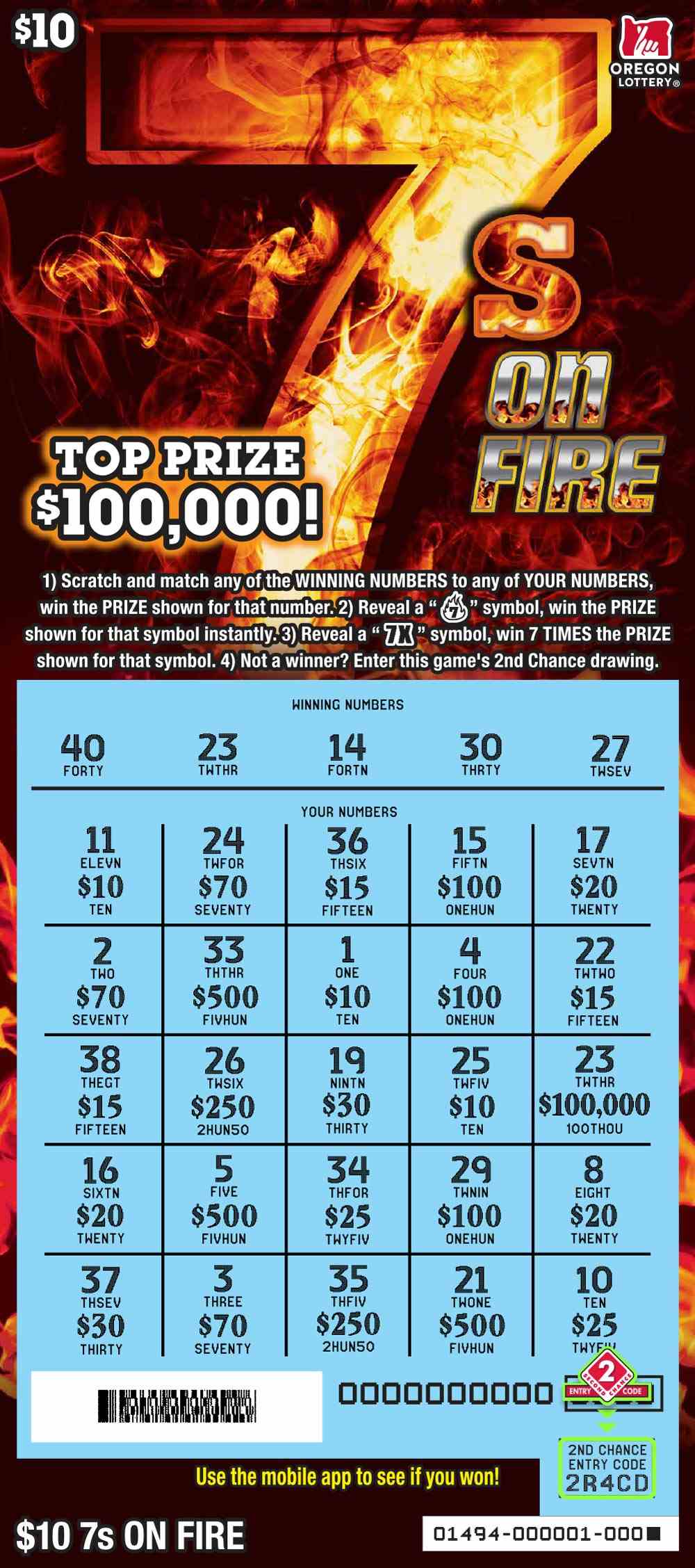 7s On FIre scratchcard - game number #1494 - front-scratched