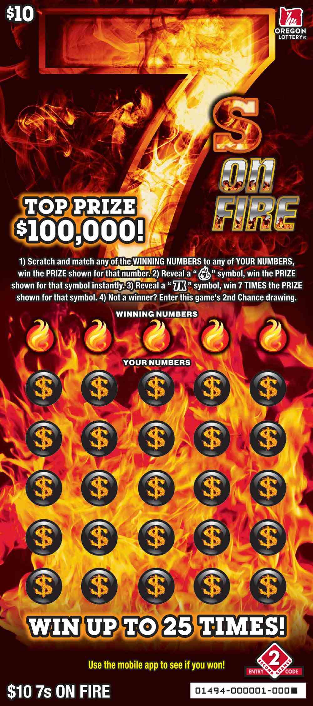 7s On FIre scratchcard - game number #1494 - front