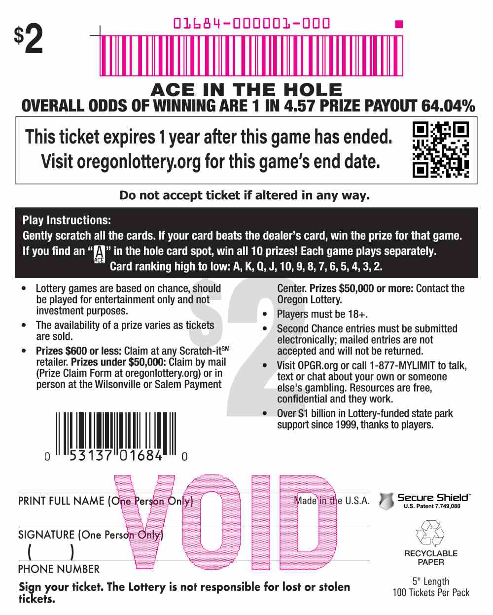 Ace In The Hole scratchcard - game number #1684 - back