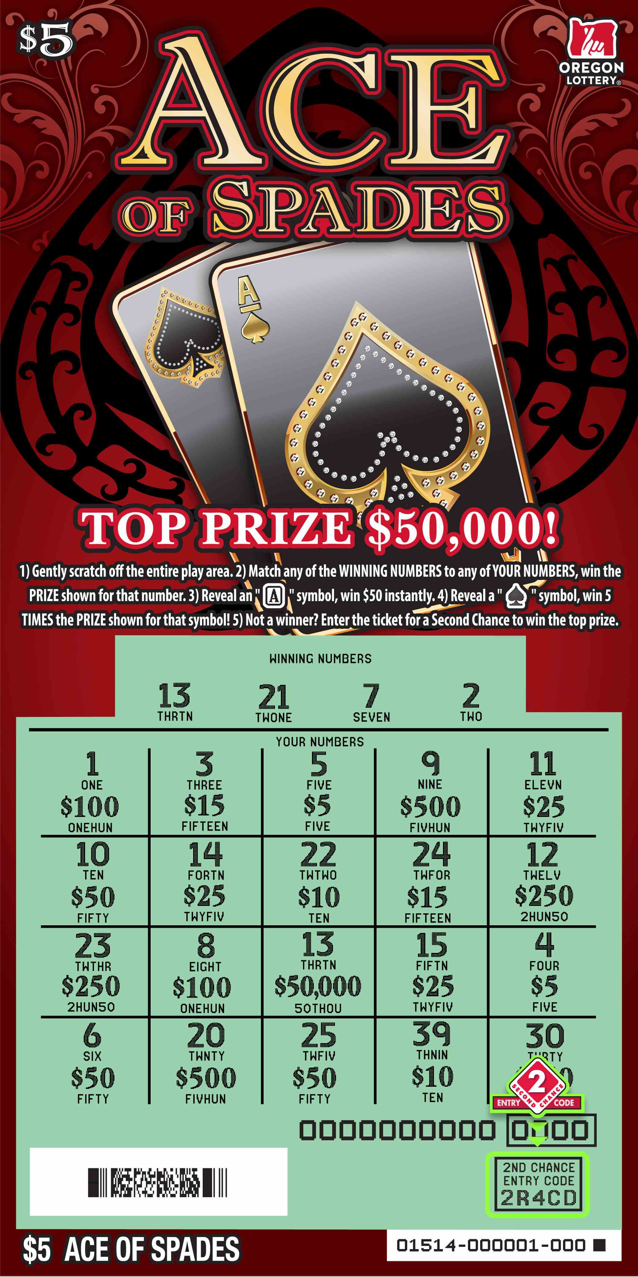 Ace of Spades scratchcard - game number #1514 - front-scratched