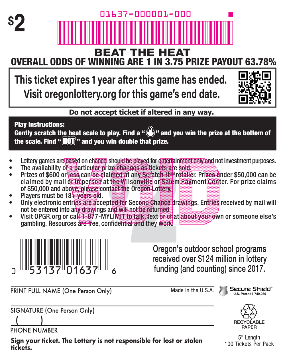 Beat The Heat scratchcard - game number #1637 - back