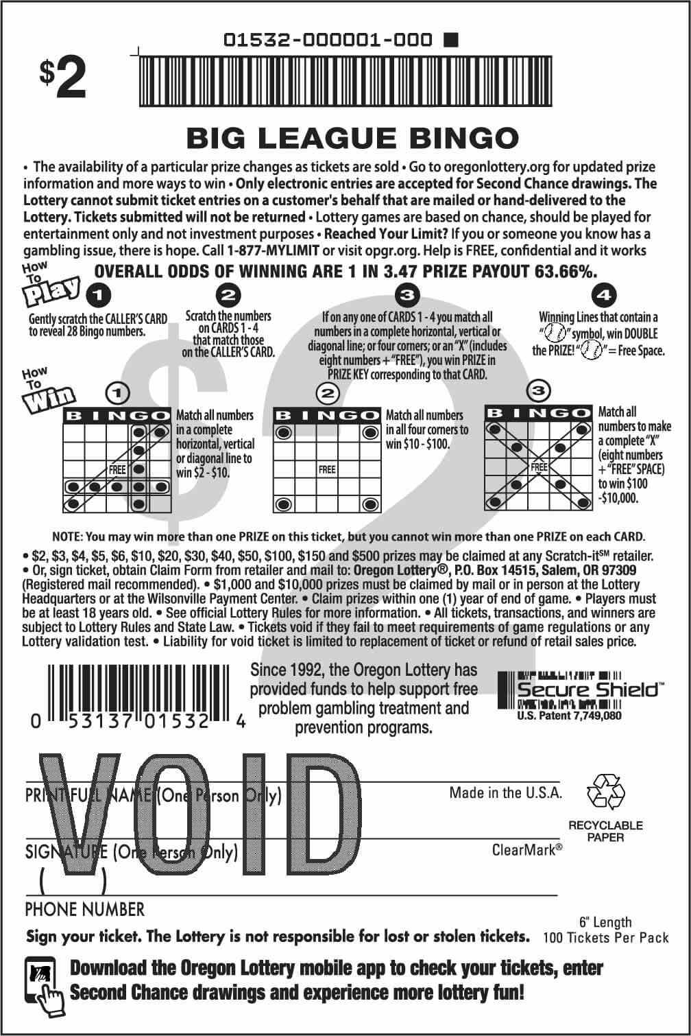 Big League Bingo scratchcard - game number #1532 - back