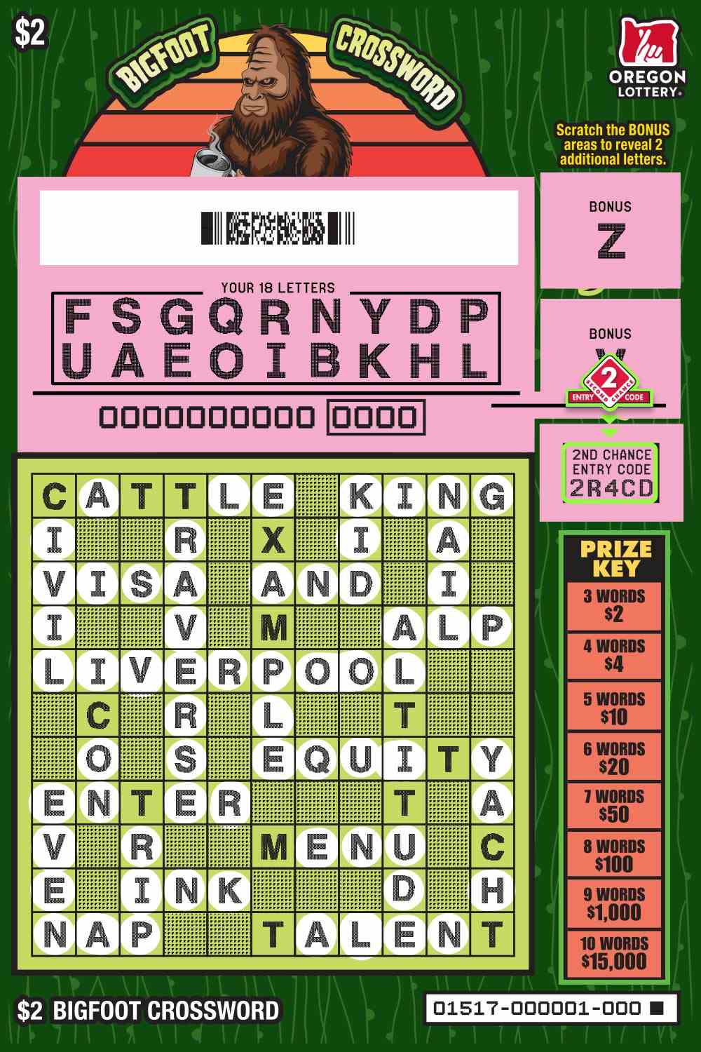 Bigfoot Crossword scratchcard - game number #1517 - front-scratched