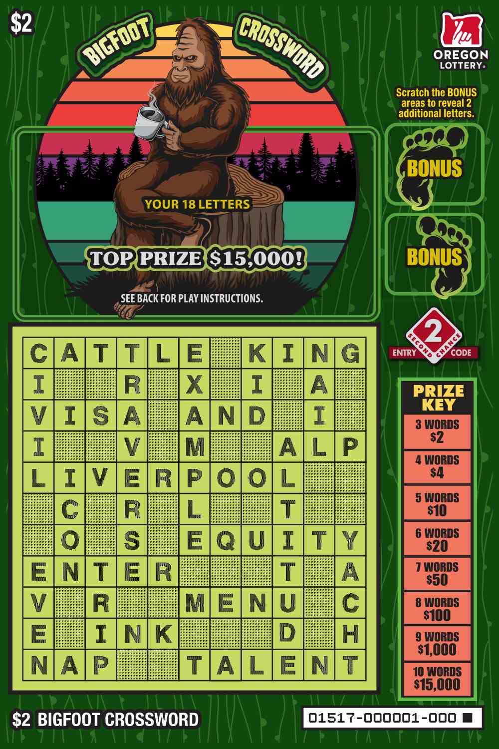 Bigfoot Crossword scratchcard - game number #1517 - front