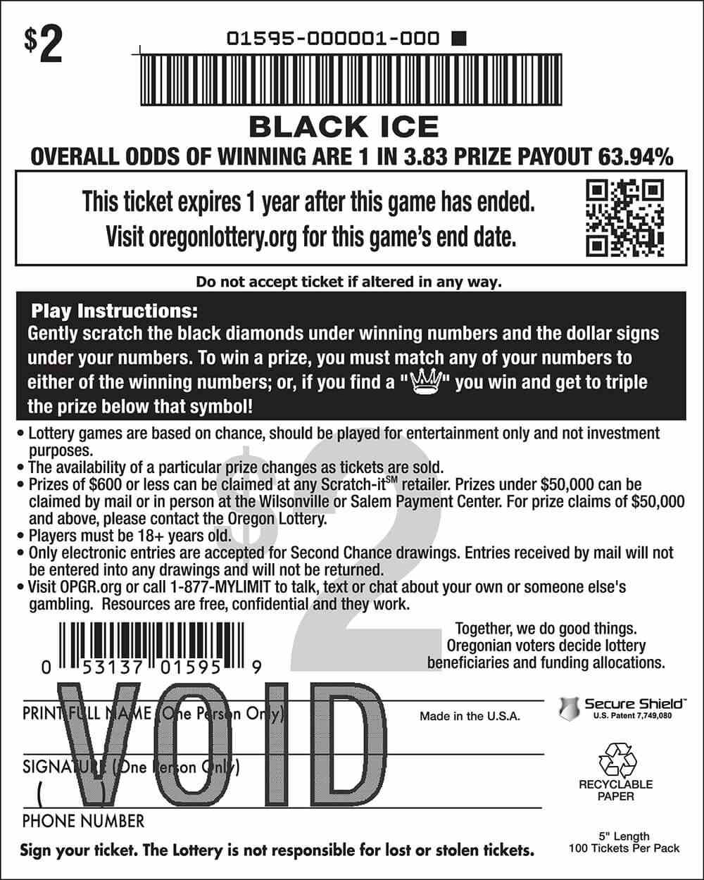 Black Ice scratchcard - game number #1595 - back