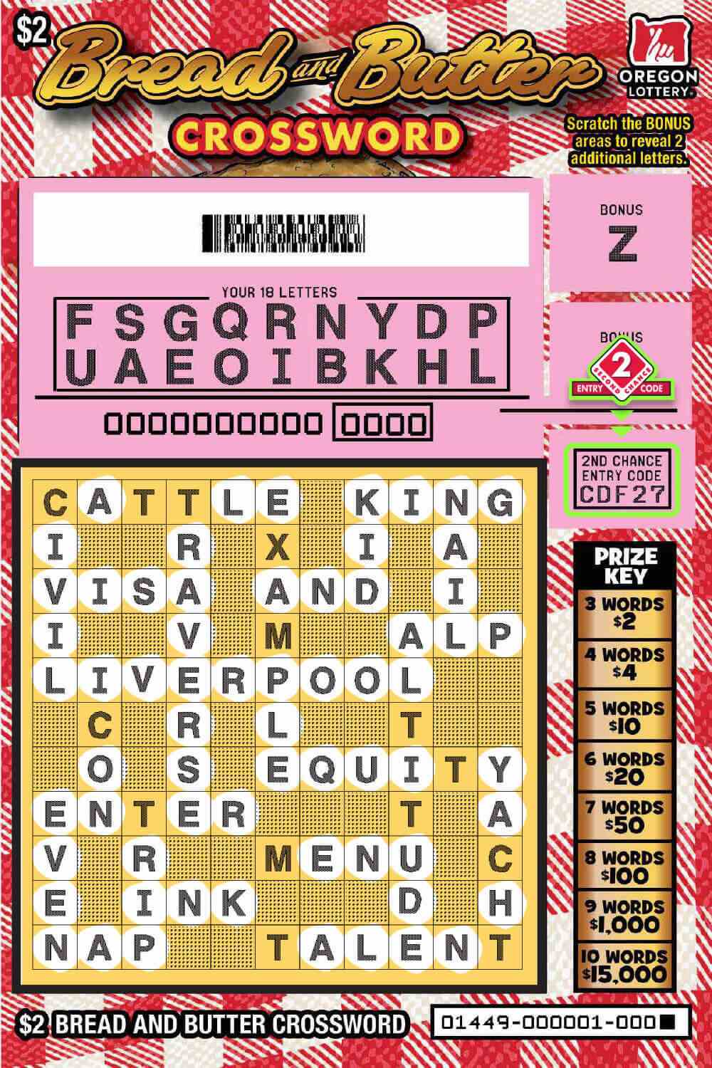 Bread and Butter Crossword scratchcard - game number #1449 - front-scratched