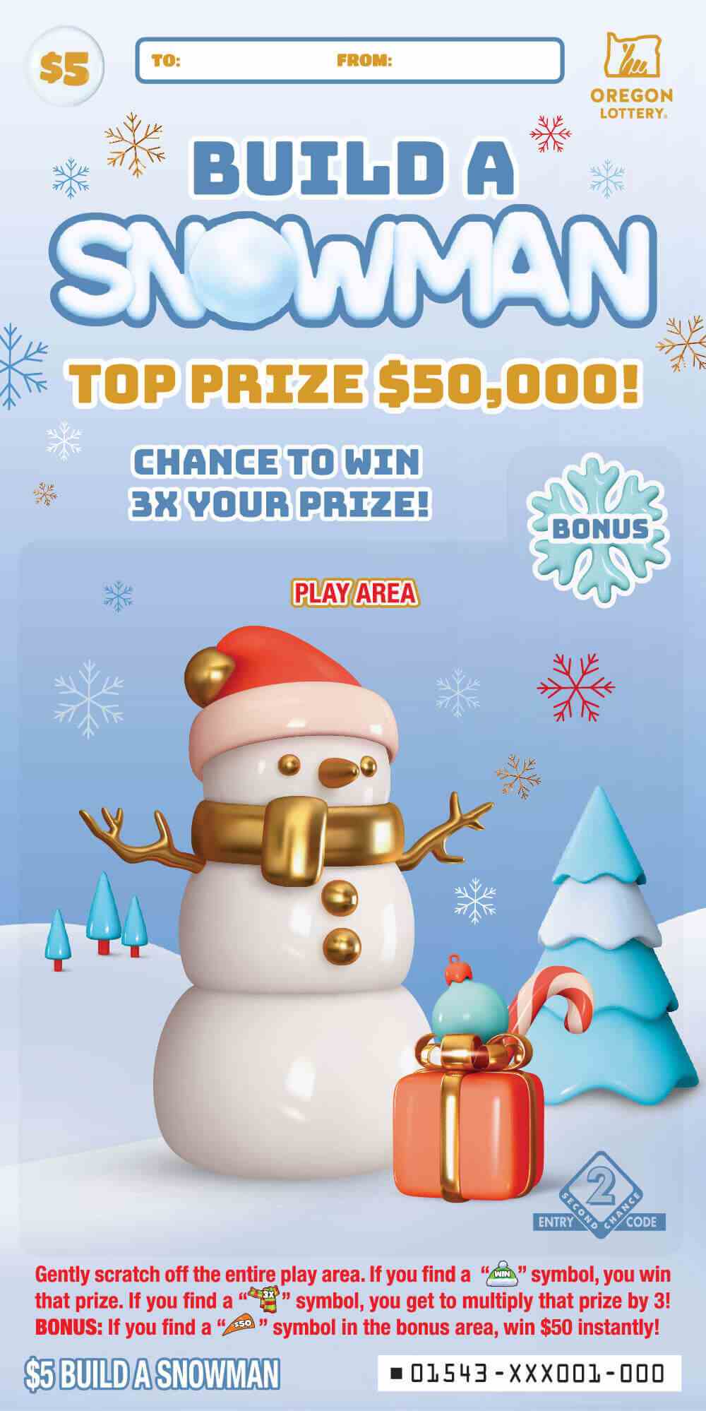 Build A Snowman scratchcard - game number #1543 - front