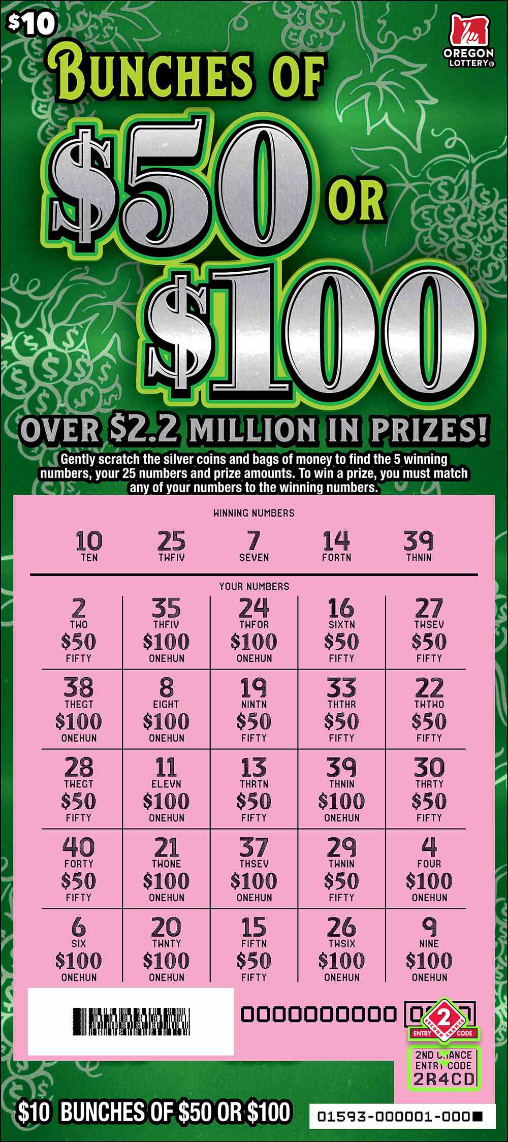 Bunches Of $50 Or $100 scratchcard - game number #1593 - front-scratched