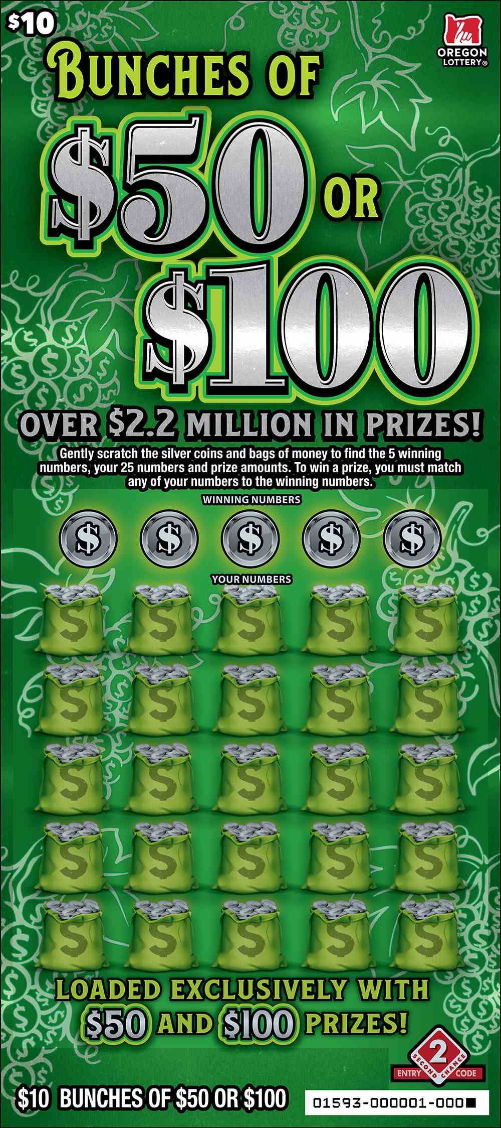 Bunches Of $50 Or $100 scratchcard - game number #1593 - front