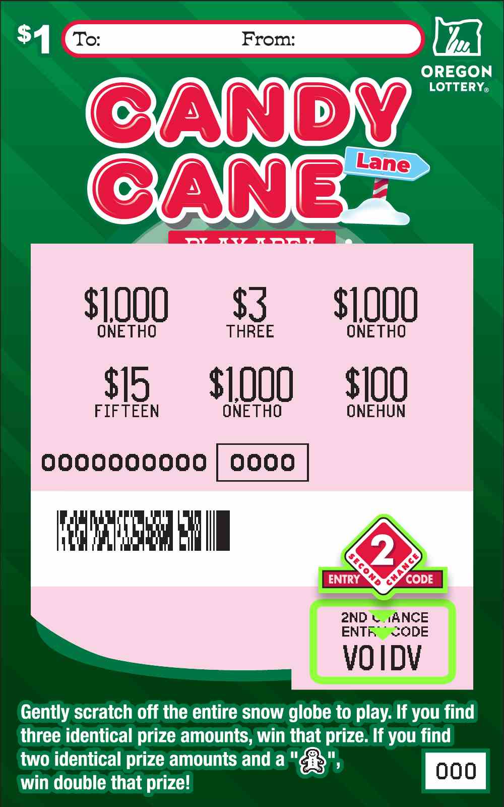 Candy Cane Lane scratchcard - game number #1586 - front-scratched