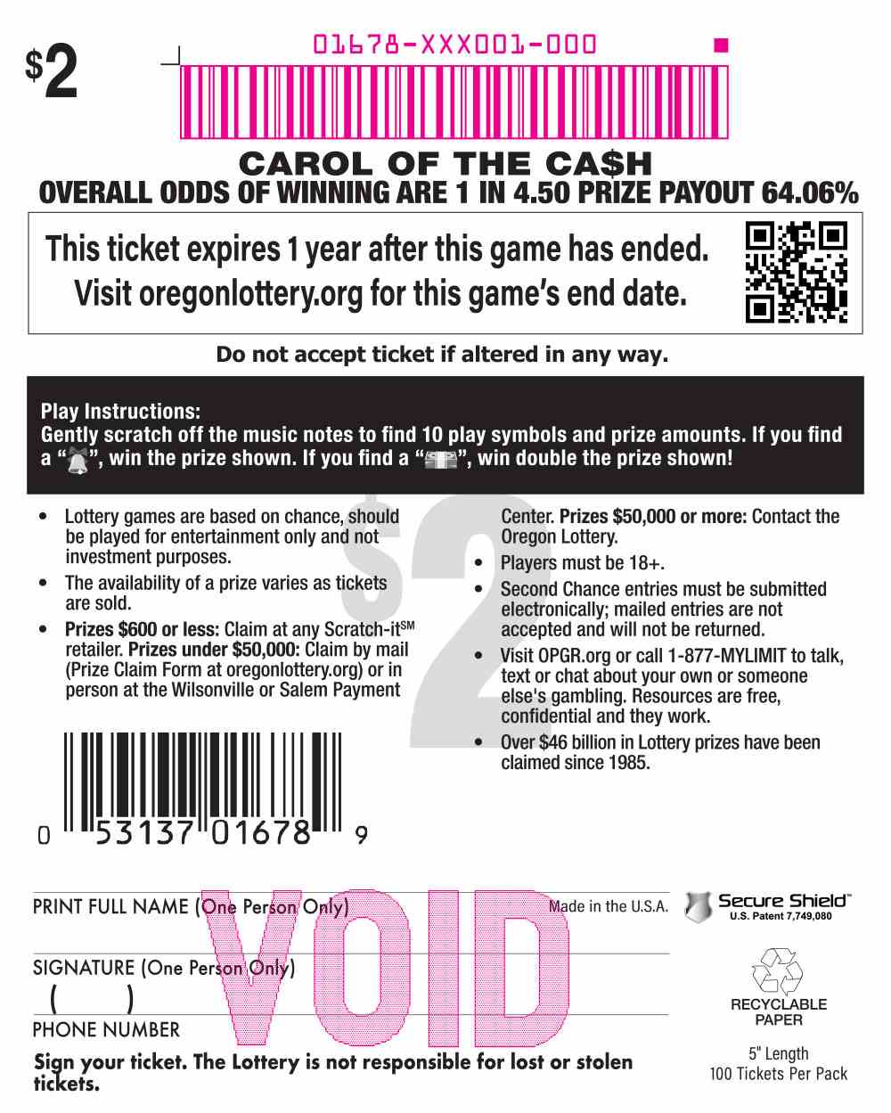 Carol Of The Cash scratchcard - game number #1678 - back
