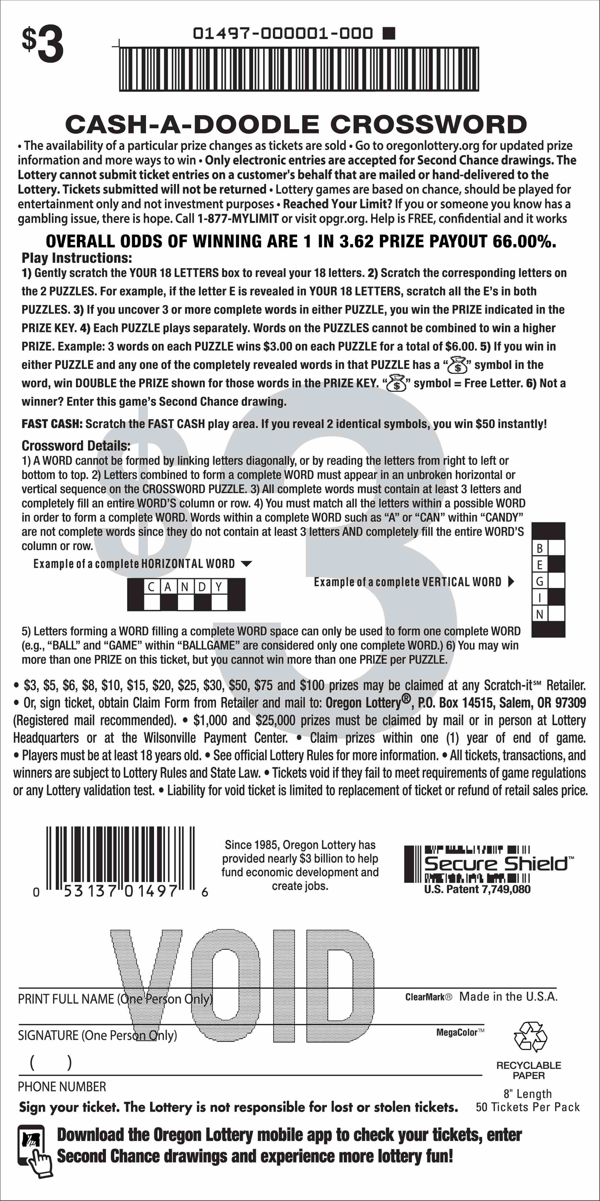 Cash-a-doodle Crossword scratchcard - game number #1497 - back