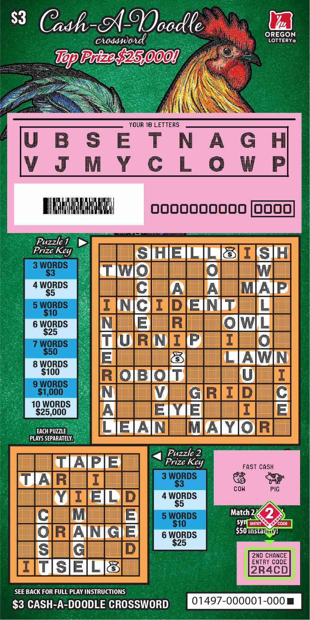 Cash-a-doodle Crossword scratchcard - game number #1497 - front-scratched