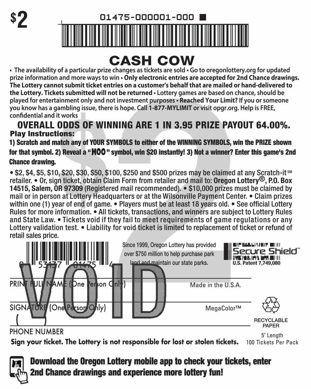 Cash Cow scratchcard - game number #1475 - back