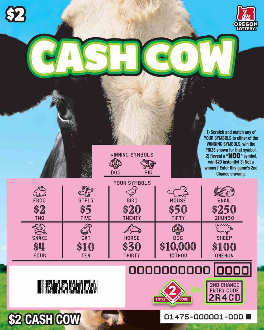 Cash Cow scratchcard - game number #1475 - front-scratched