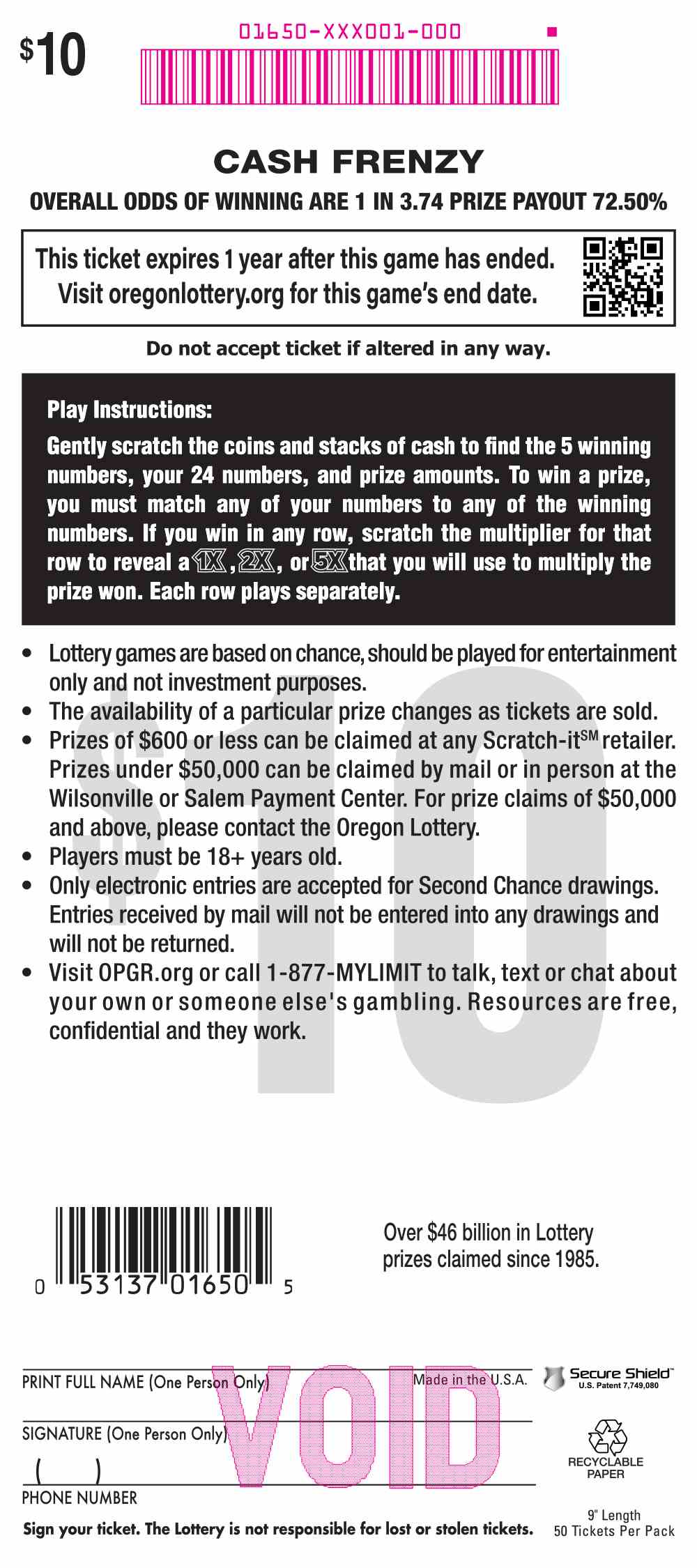 Cash Frenzy scratchcard - game number #1650 - back