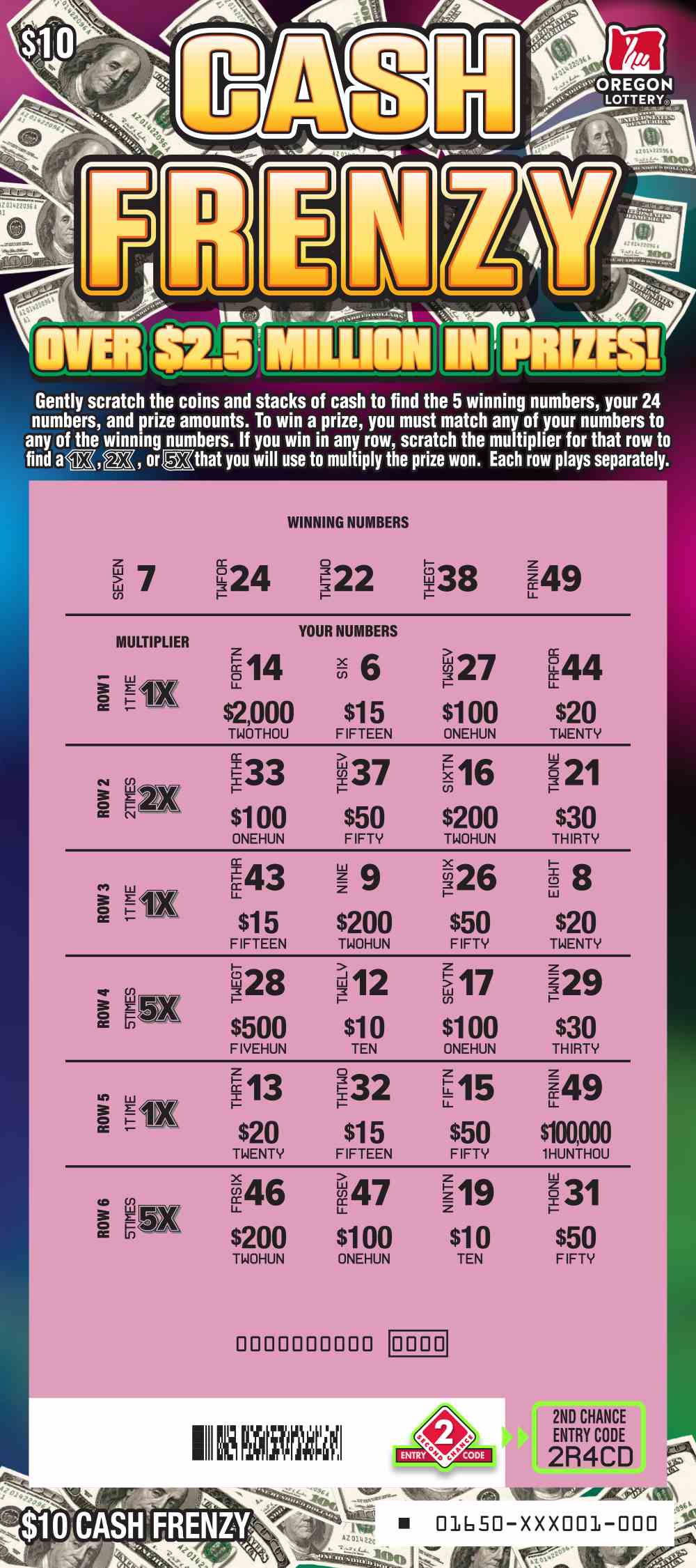 Cash Frenzy scratchcard - game number #1650 - front-scratched