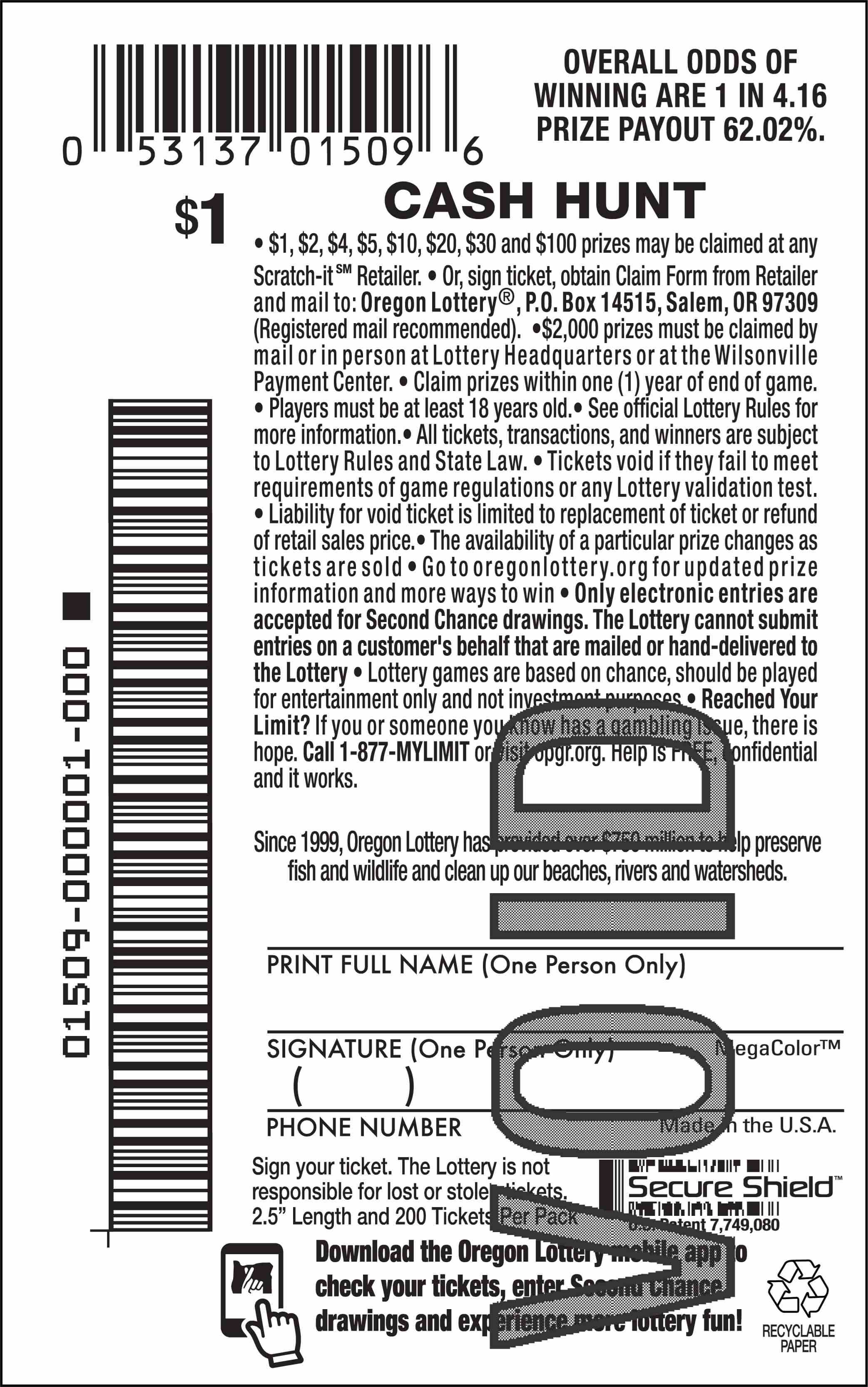 Cash Hunt scratchcard - game number #1509 - back