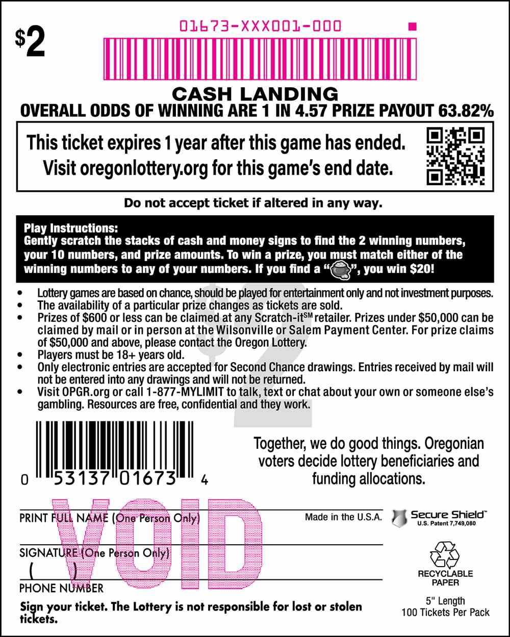 Cash Landing scratchcard - game number #1673 - back