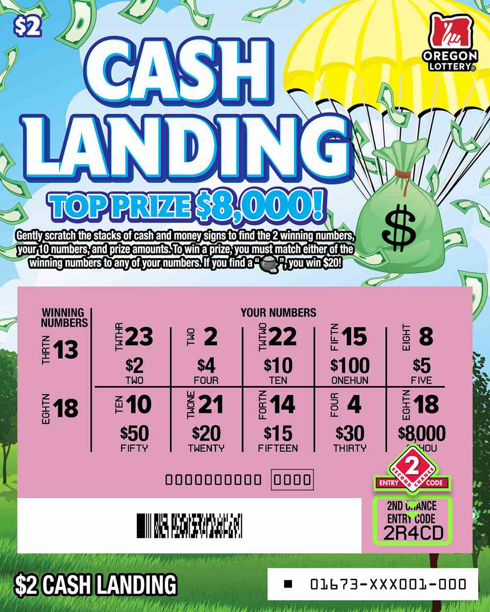 Cash Landing scratchcard - game number #1673 - front-scratched