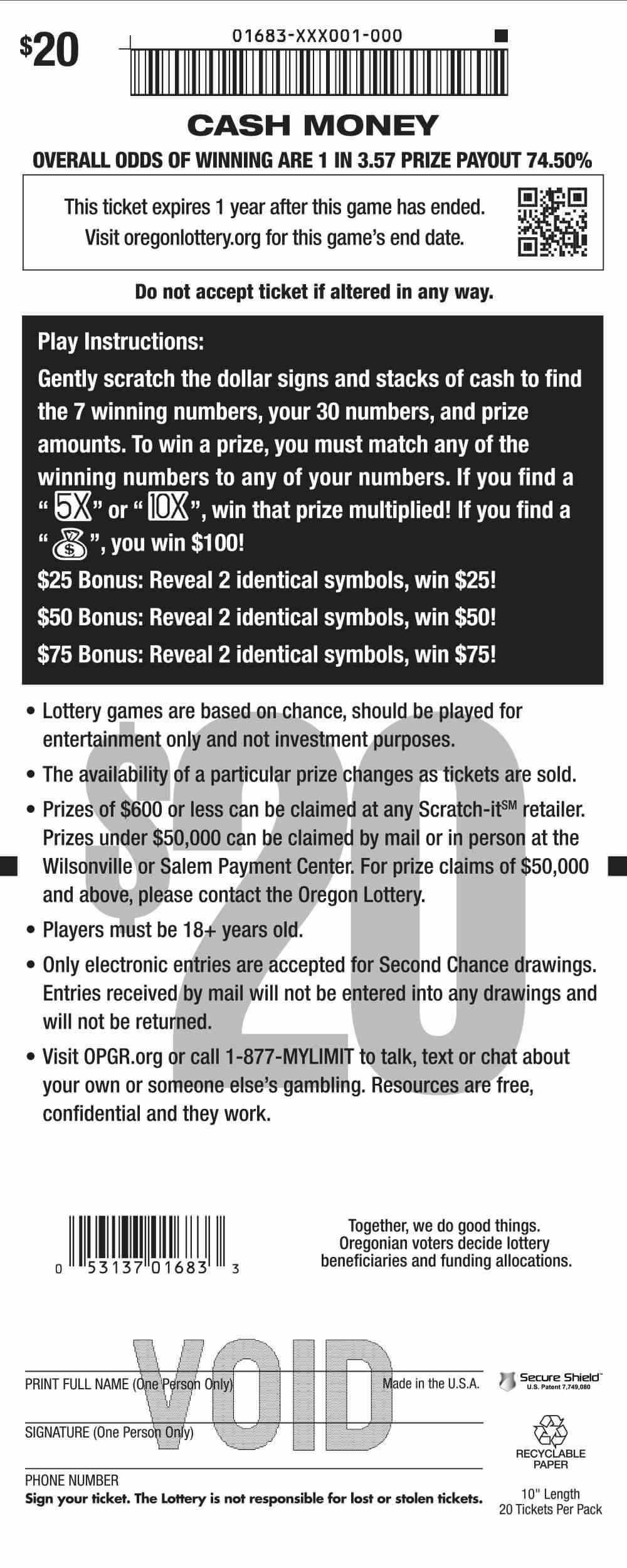 Cash Money scratchcard - game number #1683 - back